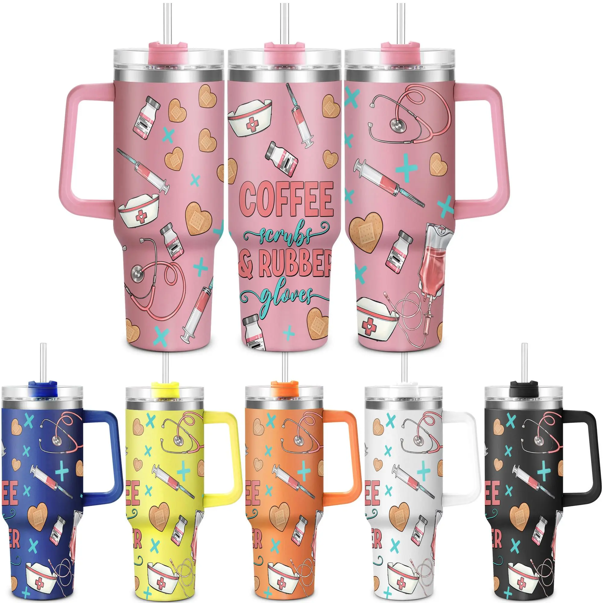 Nurse Pattern 40oz Tumbler with Lid, 1 Count Stainless Steel Water Bottle, Drinking Cup for Home Office School, Gift for Nurse, Birthday Gift, Drinkware