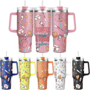 Nurse Pattern 40oz Tumbler with Lid, 1 Count Stainless Steel Water Bottle, Drinking Cup for Home Office School, Gift for Nurse, Birthday Gift, Drinkware