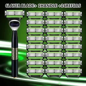 Classic Men's Six-Layer Print Handle Stainless Steel Razor, 24 Blade Heads, Aloe Lubrication, Comfortable Safe Shaving Experience