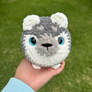 Handmade Crochet Loaf Husky with Blue Eyes and Gray White Fur Design