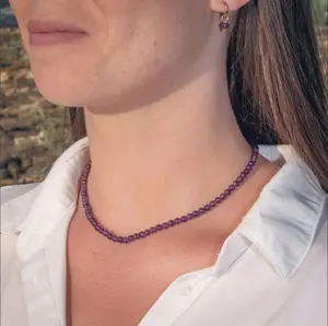 Natural 3mm Round Amethyst Beaded Choker Purple Crystal Birthstone Minimalist Daily Layering Necklaces Gift For Her