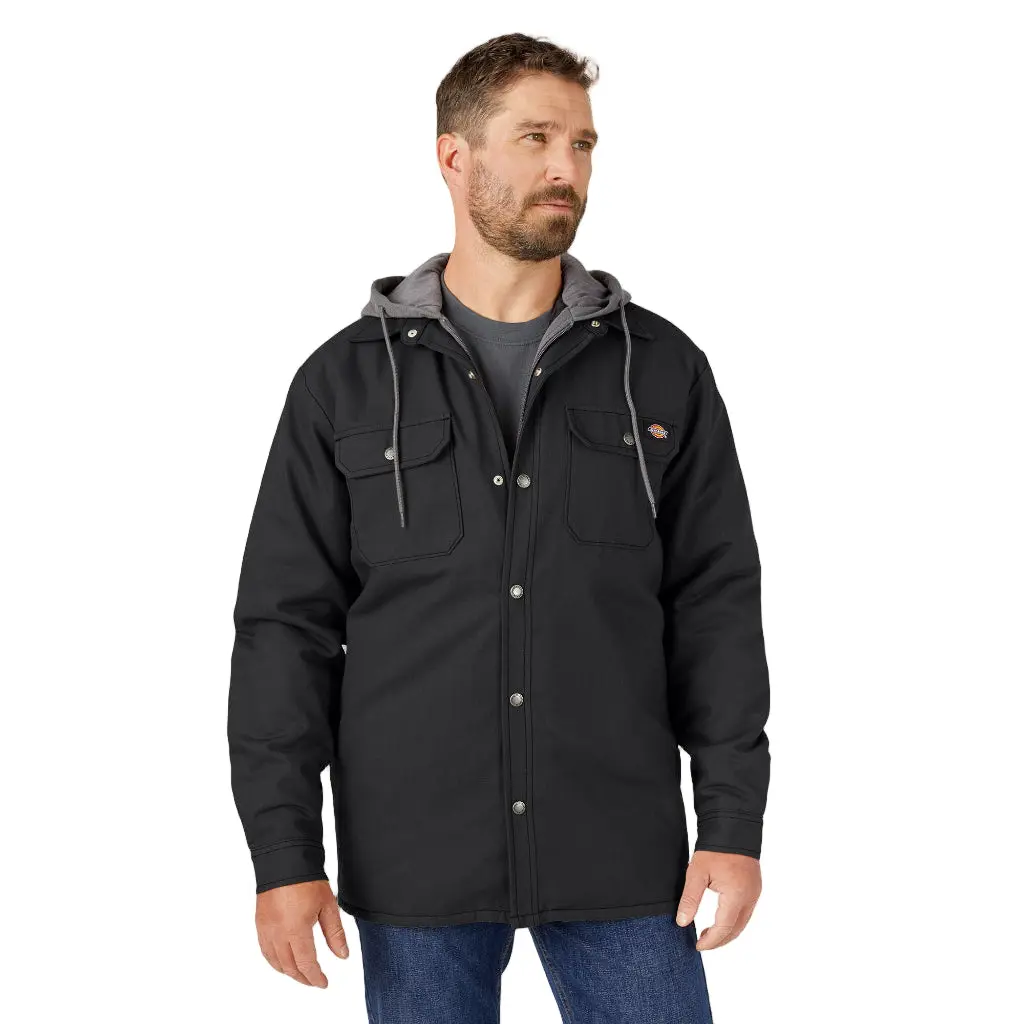 Dickies Men's Relaxed Fit Hooded Duck Canvas Shirt Jacket - Waterproof Long-Sleeve Coat with Jersey Lining, Snap Placket, Zipper, Pockets, XS Size Available, Men's Tops (No Unnecessary Add-Ons)