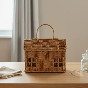 Handmade House-Shaped Basket with Lid, Handmade Rattan Baskets, Party Candy Storage, Gift Box, Desktop Organization, Farmhouse Style Home Decor, All Seasons