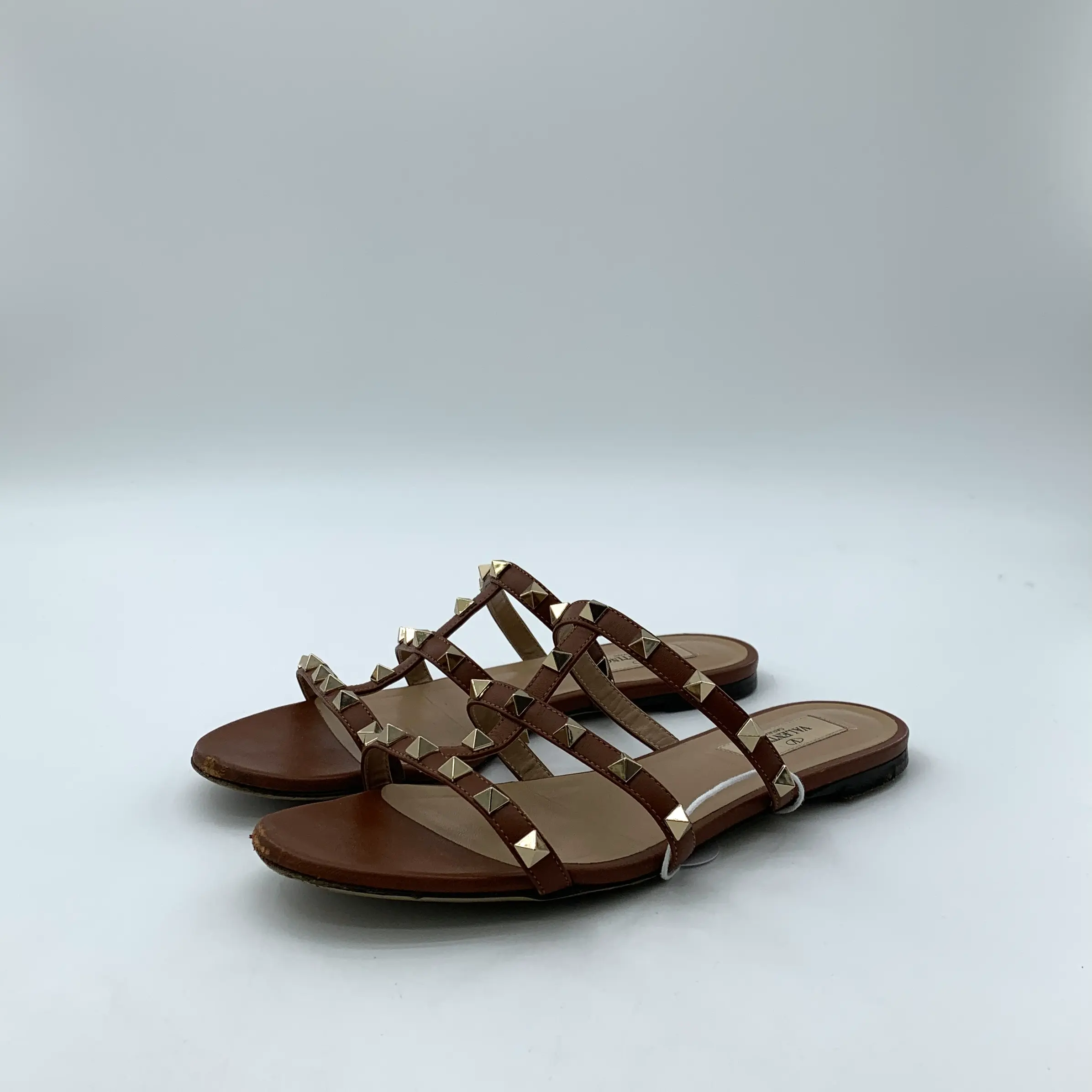 RDLT-Valentino Rockstud Casual Flat Slides — Dark Brown with Studs — Size 37.5