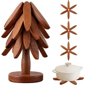 Wooden Trivets for Hot Dishes Tree Collapsible Hot Pad Trivet with Stand 4 Pack Walnut Wood Heat Resistant Pot Holders for Restaurant Home Cooking Baking Gift