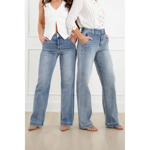 Judy Blue The Destiny High Rise Light Wash Multiple Inseam Wide Leg Trouser Jeans