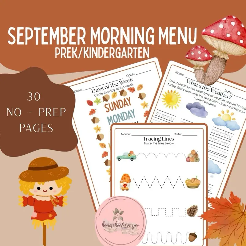 Homeschool For You September Morning Menu for Preschoolers and Kindergarteners 30 No Prep Pages PreK Kindergarten Learning Activities
