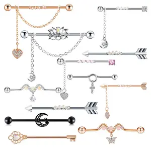 Stainless Steel Heart Butterfly Pendant Industrial Barbell Piercing Tragus Cartilage Tassel Helix Earrings Body Jewerly