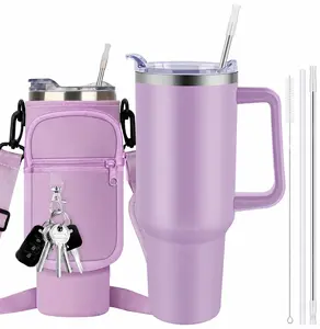 40oz Water Bottle With Handle And Straw - Fits In Cup Holder, Leak-proof Thermos - Reusable Stainless Steel And Rubber Base - Gift For Women And Men, Perfect Christmas Gift For Sports, Gym, Travel, New Year  Coffee Drinkware Vacuum Insulated Insulated