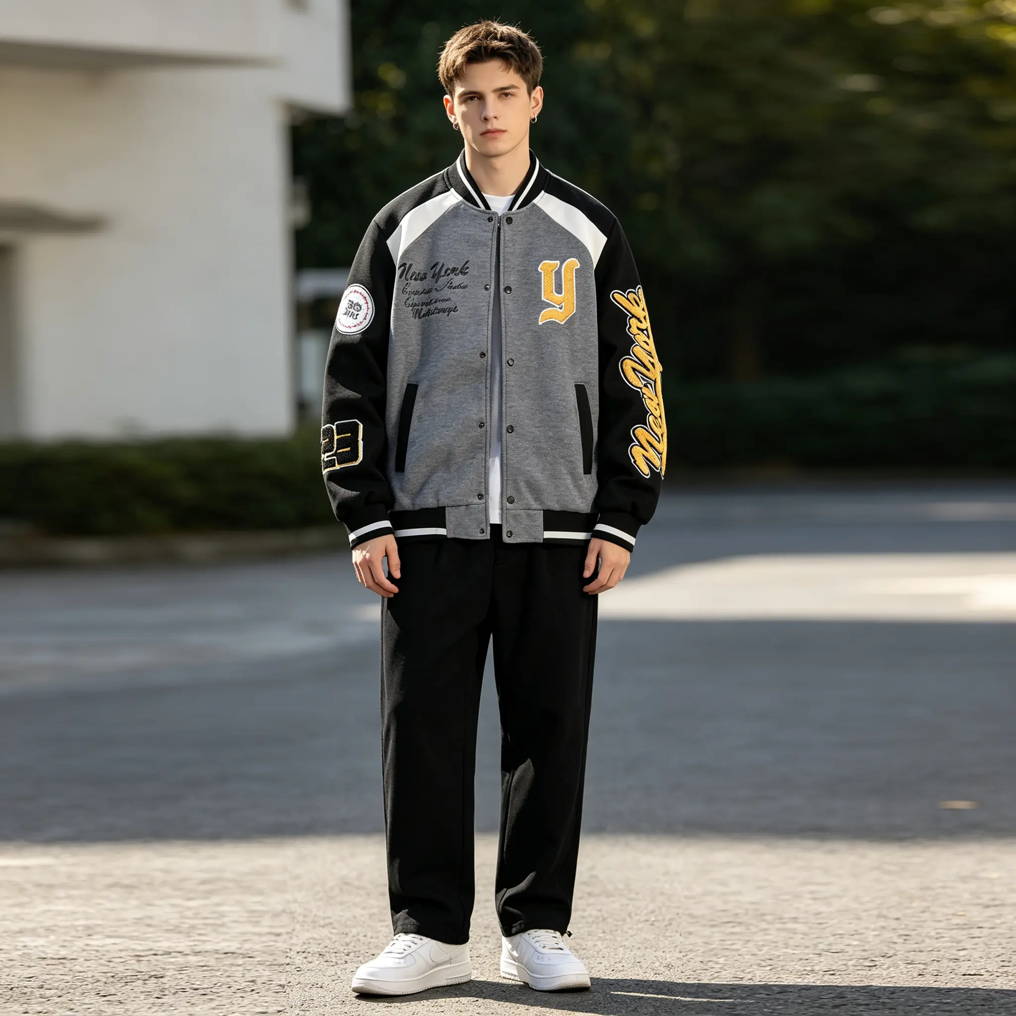 Men’s Letterman Bomber Jacket, New York Graphic Chenille Embroidery Patches, Color Block Baseball Jacket Casual Street Fashion Outer Coat for Young Men Menswear Tops