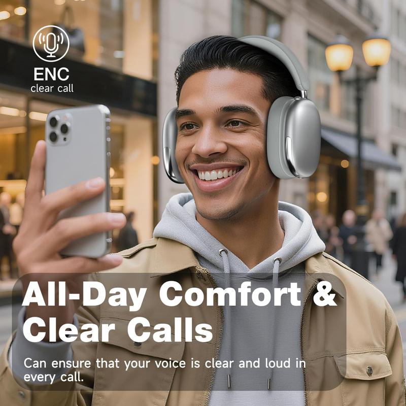 Wireless Headphones - 52dB Noise Cancellation, 5 Smart ENC Mics, Detachable Fabric Ear Cushions, 120 Hour Standby, Seamless Dual Device Connection for All-Day Use and Boosted Productivity
