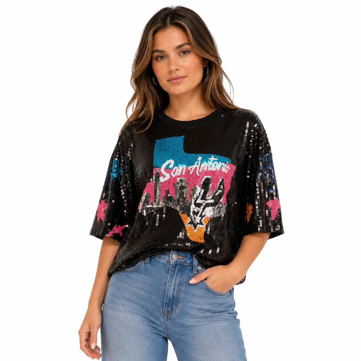 Spurs Texas Sequin Crop Shirt Black