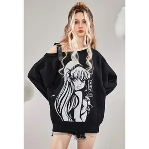 Winx Club Micotaku Stella Print Sweater Black Single Side Off-Shoulder Sweater Womenswear Knitwear Loose Fashion Fairy Style
