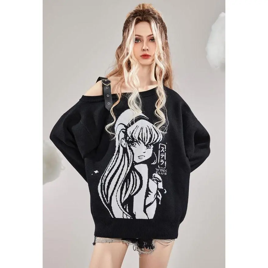Winx Club Micotaku Stella Print Sweater Black Single Side Off-Shoulder Sweater Womenswear Knitwear Loose Fashion Fairy Style