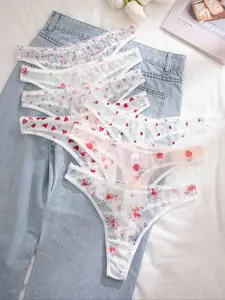 Women's 7pcs Floral Print Lace Trim Sheer Mesh Thong, Soft Comfy Breathable Drop Waist Panty for Daily Wear, Ladies Underwear for All Seasons