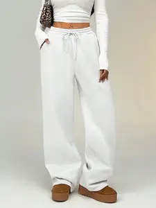 Women's Solid Knit Drawstring Waist Wide Leg Sweatpants, Casual Comfy Palazzo Pants for Daily Wear, Ladies Bottoms for All Seasons