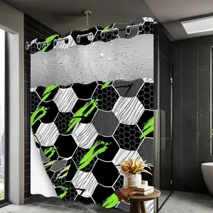 1 Pack No Hook Double Layer Shower Curtain, Black Green Soccer Hexagon Print Bath Curtain, Machine Washable, Waterproof, Mildew Resistant, Durable Fabric, Sport Fan Bathroom Decor, Removable Liner, Top See-Through Window, Partition Curtain 71"×74"