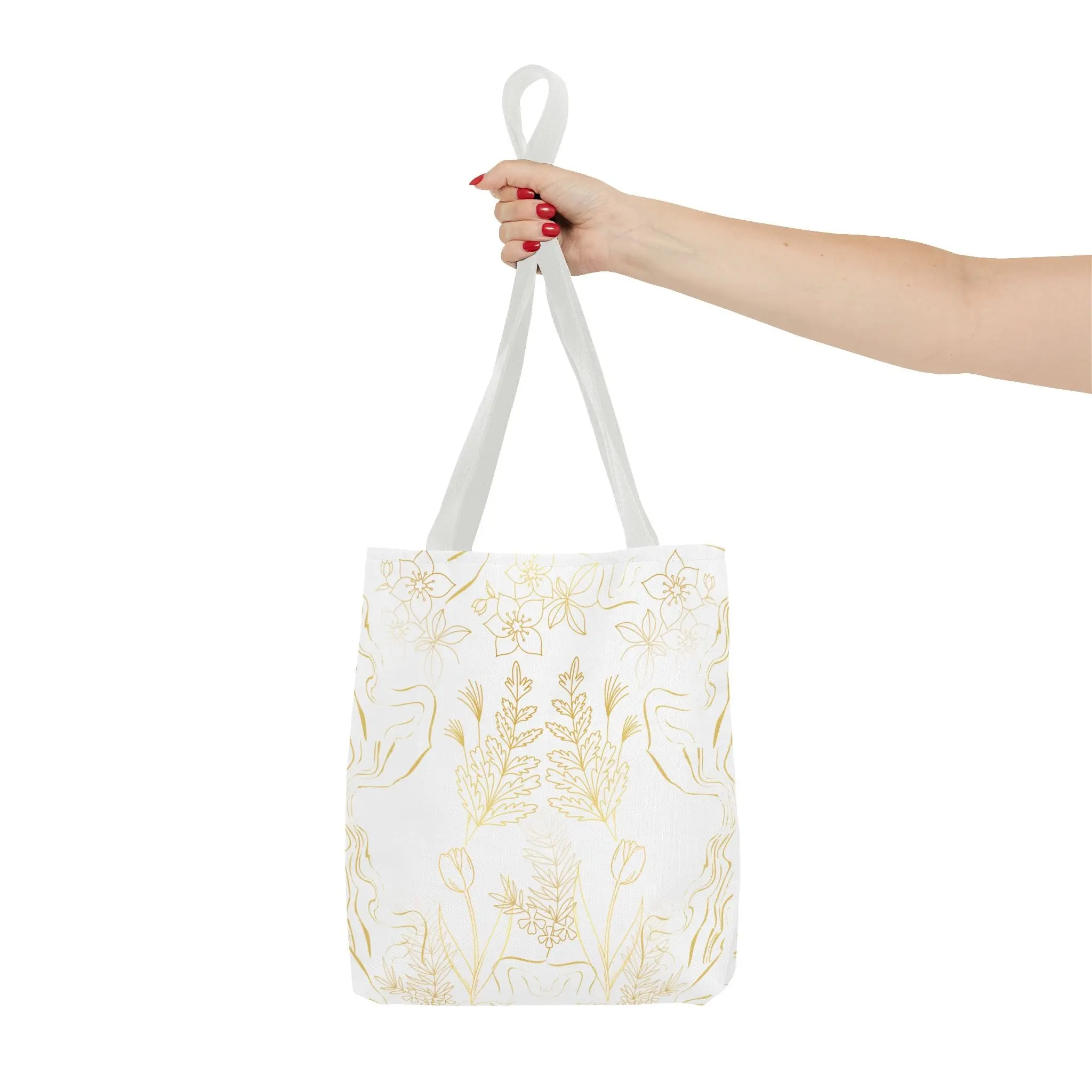 Gold Flower Garden Tote Bag - White with Floral Design, Ideal for Garden Use, Two Handles