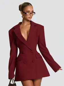 Double-Breasted Waist-Tapered Suit Dress, Deep V Neckline Back Belt Slim Fit Wear for Commuter & Date Women
