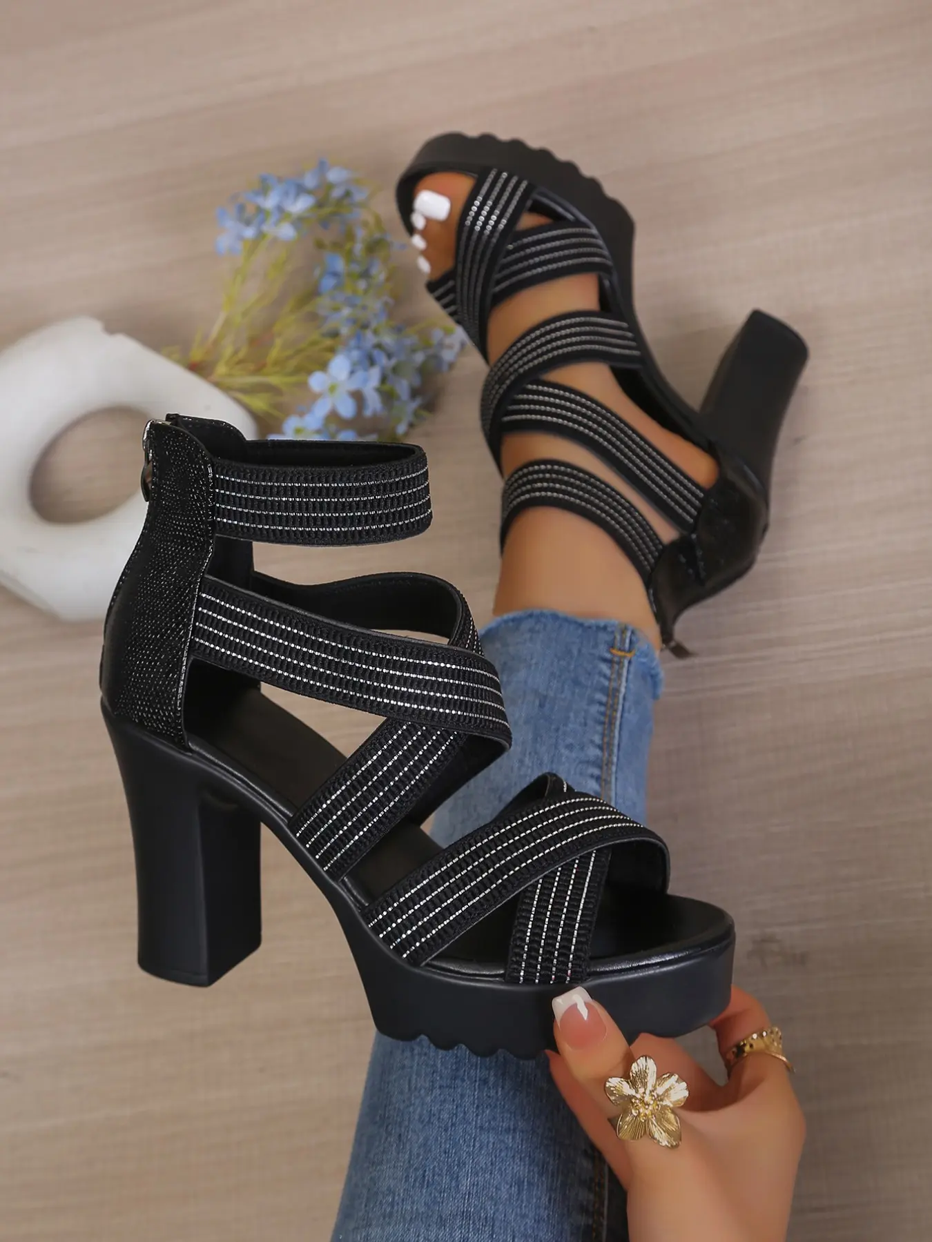 Women's Thick Sole Roman Sandals, Rhinestone Striped Waterproof Heeled Shoes, European and American Style Versatile Outerwear Footwear, Chunky Sole Sandals, Flatform Sandals