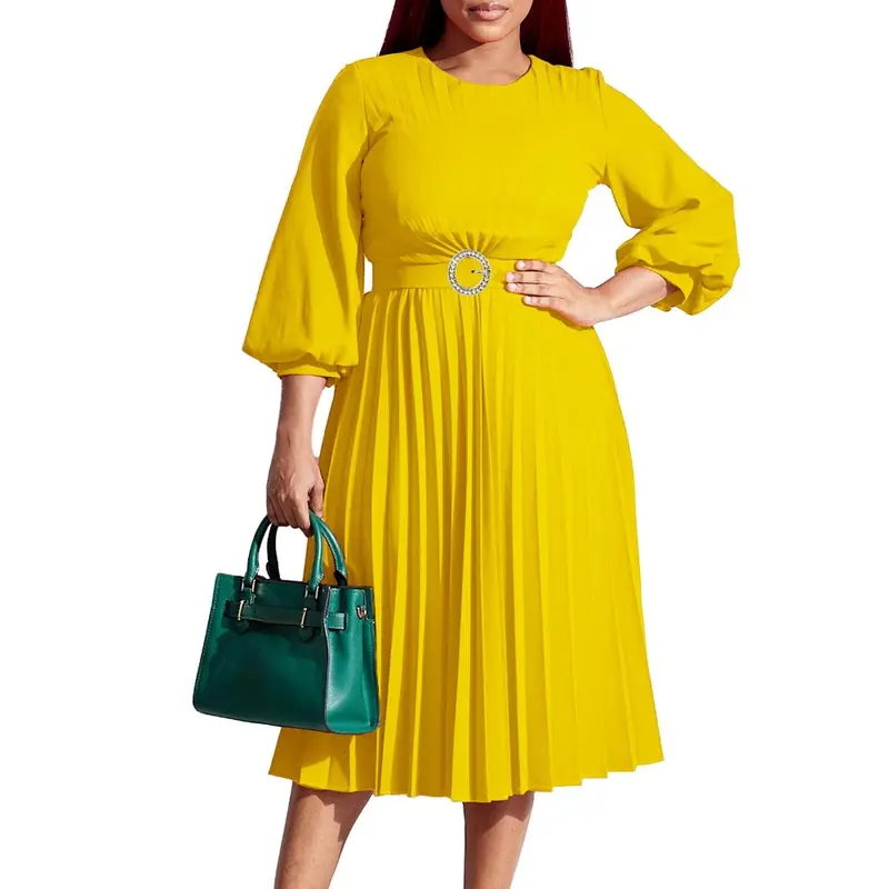 Women’s Pleated Midi Dress with 3/4 Puff Sleeves, Round Neck and Ring-Buckle Belted Waist, A-Line Silhouette with Back Keyhole — Elegant Choice for Work, Church & Wedding Guests