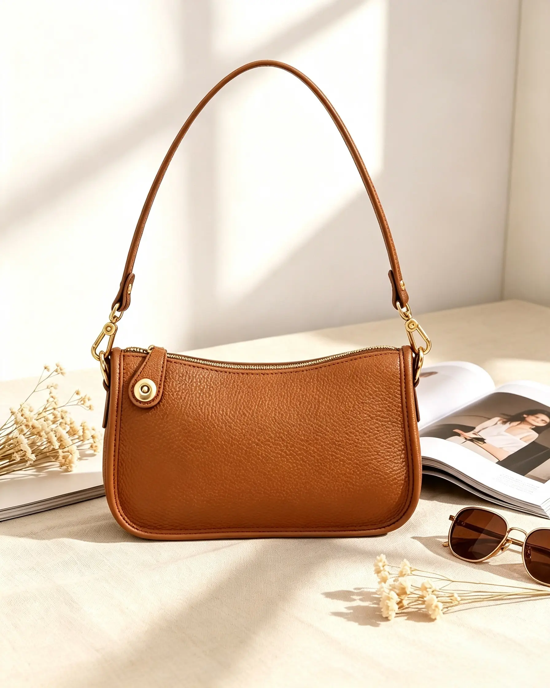 SADI Women's Genuine Cow Hide Mini Baguette Bag, Tan Brown Retro Chic Crossbody & Shoulder Bag with Adjustable Strap, Versatile Day-to-Night Purse