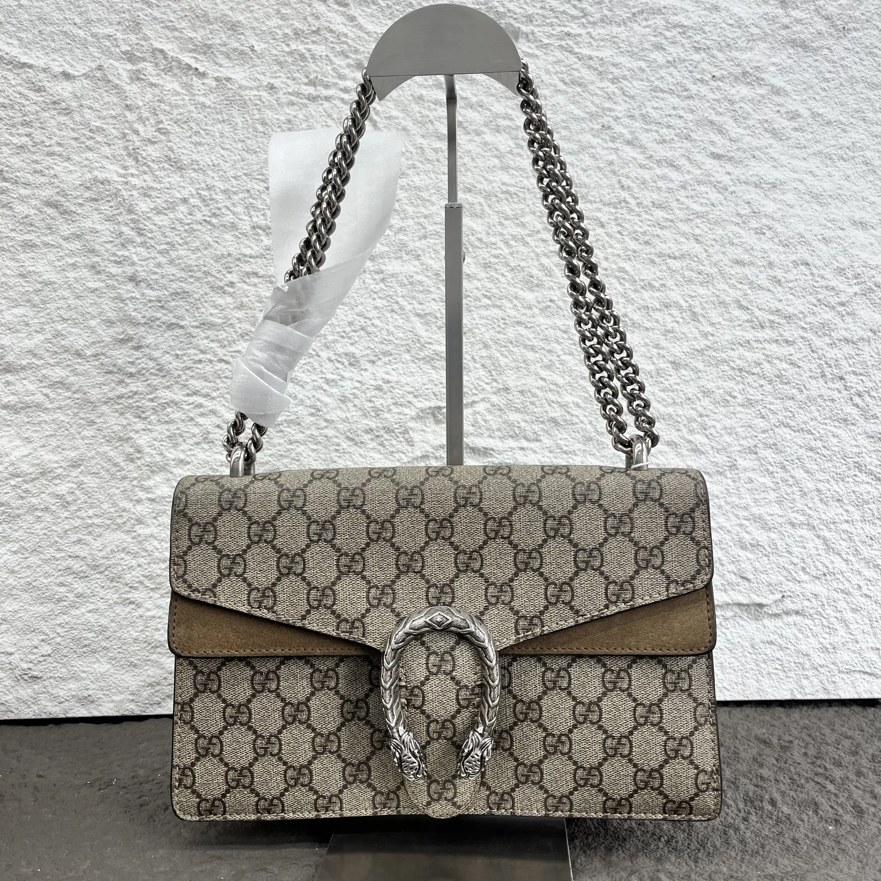 Pre-owned GUCCI Canvas Shoulder Bags GG Supreme Monogram Small Dionysus Shoulder Bag Taupe JV00349 NO1