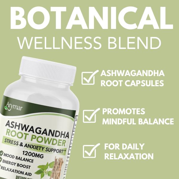 Arymar Organic Ashwagandha Root Powder 60 Vegan Capsules 1200mg Adaptogen for Stress Energy Balance Mood Support