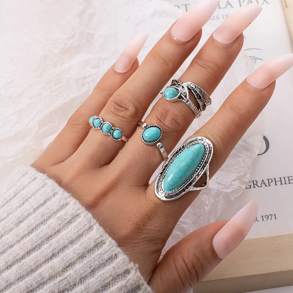 Vintage Bohemian 4-Piece Ring Set, Layered Rings with Large Turquoise Gemstone & Feather Accent, Alternative Style Statement Costume Jewelry, Alternative Style Rings
