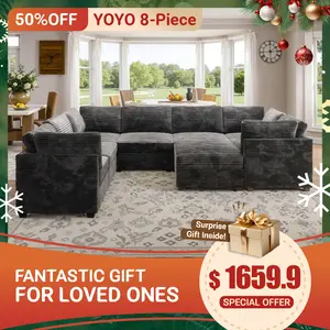 【8 Packages Shipping】Ovios 130.7" Modular Sectional Sofa Couch, U-Shaped Minimalist Couches with Sofa Bed Chaise, L-Shaped Modern Deep Seat Cloud Plush Corduroy Sofas with Ottoman Set for Living Room, 8 Seater