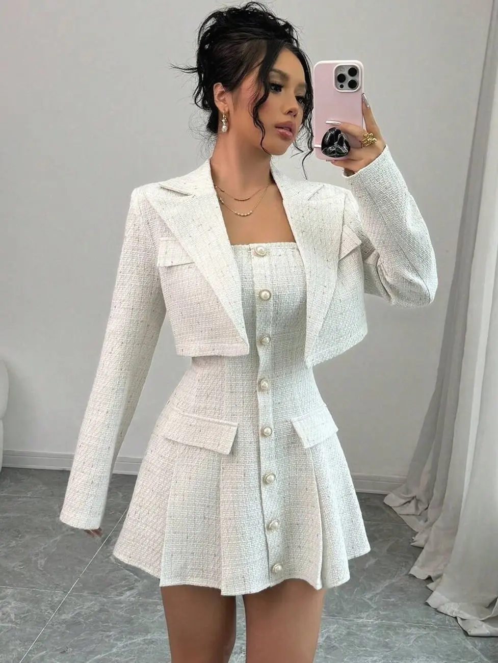 Petite 2pcs Set Petite Sexy Holiday Party Suit: Strapless Dress + Short Jacket, High-End Elegant Look For Women