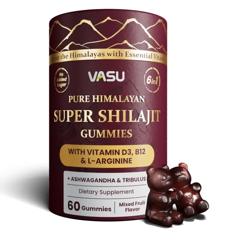 Vasu 6 in 1 Pure Himalayan Gold Shilajit Gummies for Men & Women with Vitamin D3 & B12, L-Arginine, Ashwagandha & Tribulus - Sugar Free Shilajit Resin - 60 Counts for Energy Support - Lab Tested