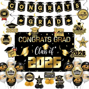 Graduation Party Decorations 2026–Black Gold Congrats Grad Banner, Class of 2026 Backdrop, Balloons, Streamers Kit–Complete Graduation for High School & College Celebrations