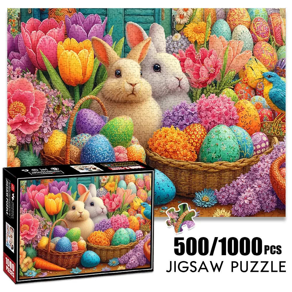 1pc 1000 piece adult puzzle 70x50cm Easter Bunnies with Flower - filled Baskets and Decorated Eggs 500 pieces paper jigsaw puzzle suitable for DIY creative games for adults and families, birthday a