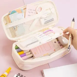 Macaroon Kawaii Pencil Cases Retractable Large Capacity Pencil Holder Box Double Zip Stationery Organizer Gift Organizer