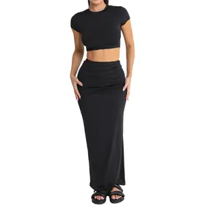Two Piece Skirt Set for Women 2 PC Outfits Short Sleeve Crop Tops Bodycon High Waist Long Maxi Skirts
