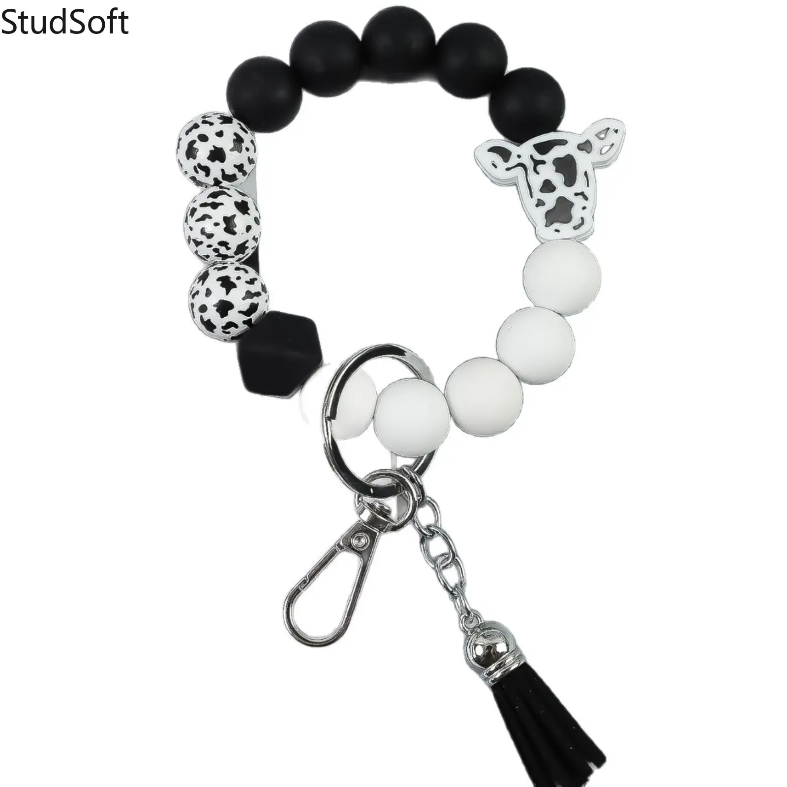 Cow-print silicone beaded wristband/keychain, black and white cow head tassel pendant, cute farmhouse style women's keychain, Cute Keychain Accessory, Keychain Wrist Lanyard