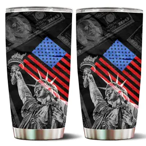 20oz Tumbler with lid- Insulated Cup- Travel Coffee Mug - Patriotic Statue of Liberty & American Flag Design, Great for Labor Day, Kitchen Items Clearance Sale, Tumbler, and Coffee Mugs