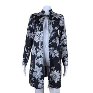 NWOT Cynthia Rowley Womens XS Vintage Black Leather Buckle Black And White Floral Knee Length Knit Open Front Duster Sweater Cardigan