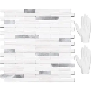 Peel and Stick Backsplash Tile, Stick on Backsplash for and, Dolomite White Marble Look PVC Mixed Silver Self Wall Tiles(10 Sheets)