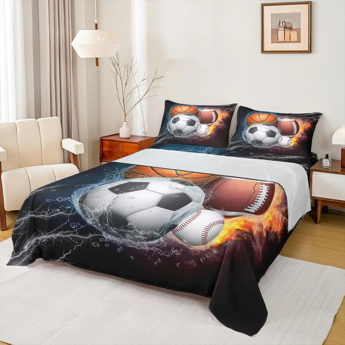 Sports Bed Sheets,Baseball Soccer Sheet Set Basketball Football Sheets Ball Games Flat Sheet,Fire Ice Trippy Lightening Decor Soft Luxury