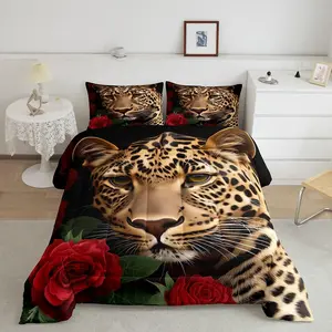 Red Rose Cheetah Bedding Set,Cat Leopard Print Comforter Set,Romantic Flowers Down Comforter,Animal Theme for Boys Girls Youth Men Women Female