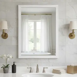 Spaco White Wood-Effect Wall-Mounted Rectangle Tempered Glass Mirror - 24x32 in, Modern Farmhouse & Scandinavian Decor, Clean Minimalist Finish, Flat Surface, for Bedroom & Living Room