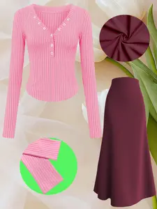 V Neck Half Button Knit Sweater Set, Drapey Tailored Long Skirt, High-End Commuter Style Two-Piece, Casual Fitted Suit