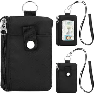 Minimalist Small Wallet for Men Women with 2 Zip Pockets, Multi Functional ID Case with Keychain and Card Holder, Coin Purse Badge Lanyard Pouch for Boys Girls Travel -Black