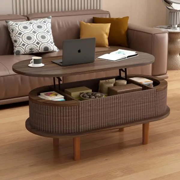 Fluted Lift Top Coffee Table, Oval Walnut Coffee Table with 3 Hidden Compartment, Mid Century Modern Wood Center Table with Storage, Lift up Tabletop for Home Living Room Office, Easy Assembly，Walnut