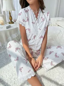 Women's Butterfly Print Pajamas Set - Lace Trim V Neck Short Sleeve Top & Long Pants, Cotton-Like Ribbed Loungewear for All Seasons