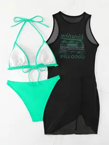 Fashionable and sexy three-piece tie-back bikini set with cover-up for women's beach vacation swimwear