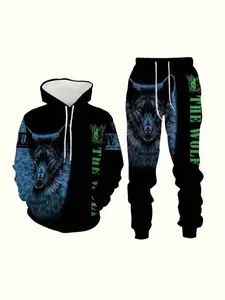 Men's Fashion Wolf Print Hoodie Set, Casual Long Sleeve Pullover with Pockets & Drawstring Waist, Fall Winter Streetwear