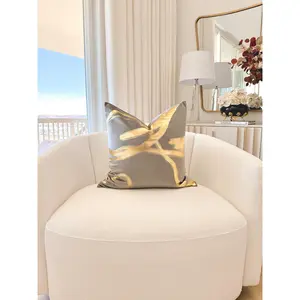 Gray and Gold Foil Ribbon Pattern Throw Pillow Cover
